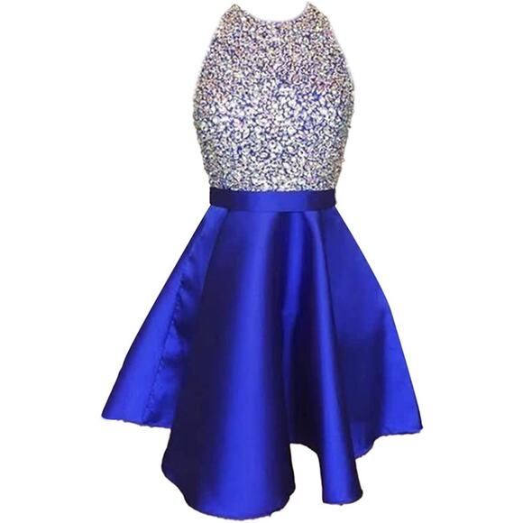 Mini Dress Women Size 6 Blue Silver Mini Satin Beaded Halter Backless Flare READ - Picture 1 of 10